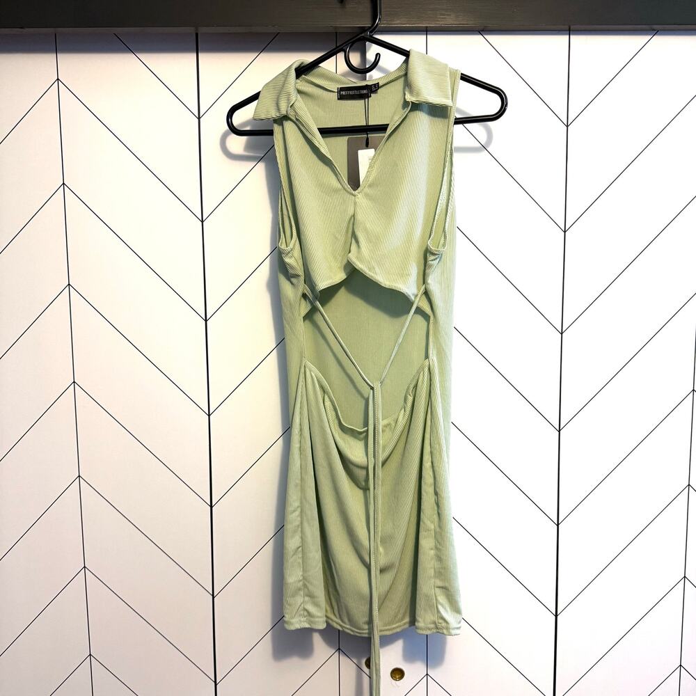 Pretty Little Thing Womens 10 Green Ribbed Sleeveless Cut out Bodycon Dress New - Picture 8 of 9